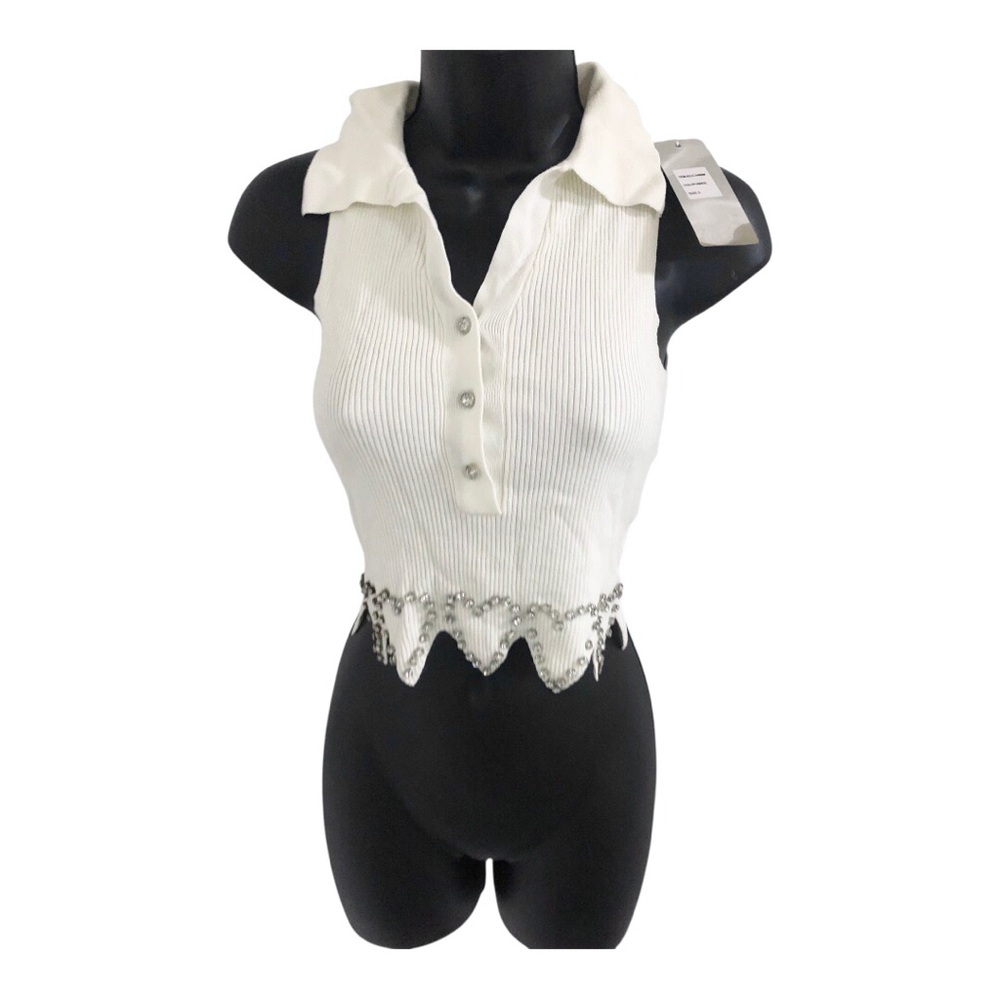 white cz diamond rhinestone heart shape scallop hem crop knit top size Small new - Picture 8 of 11